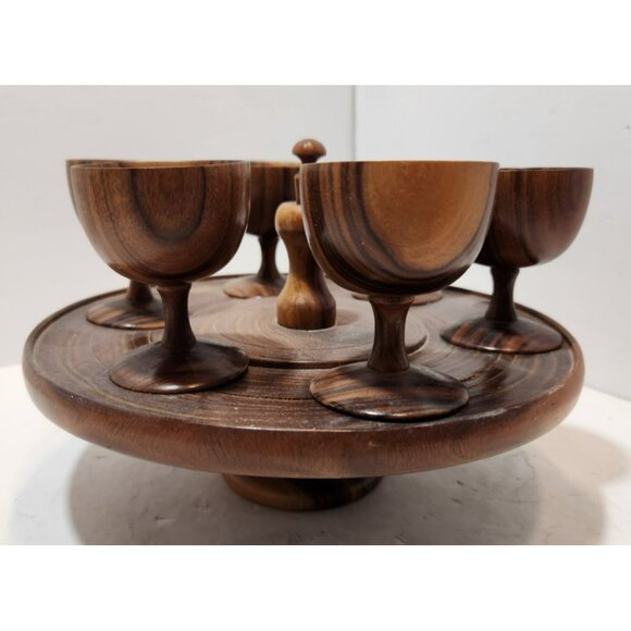 Vintage Mid Century Modern Wooden Wine Goblets with 6 Goblets and Tray - Picture 1 of 15